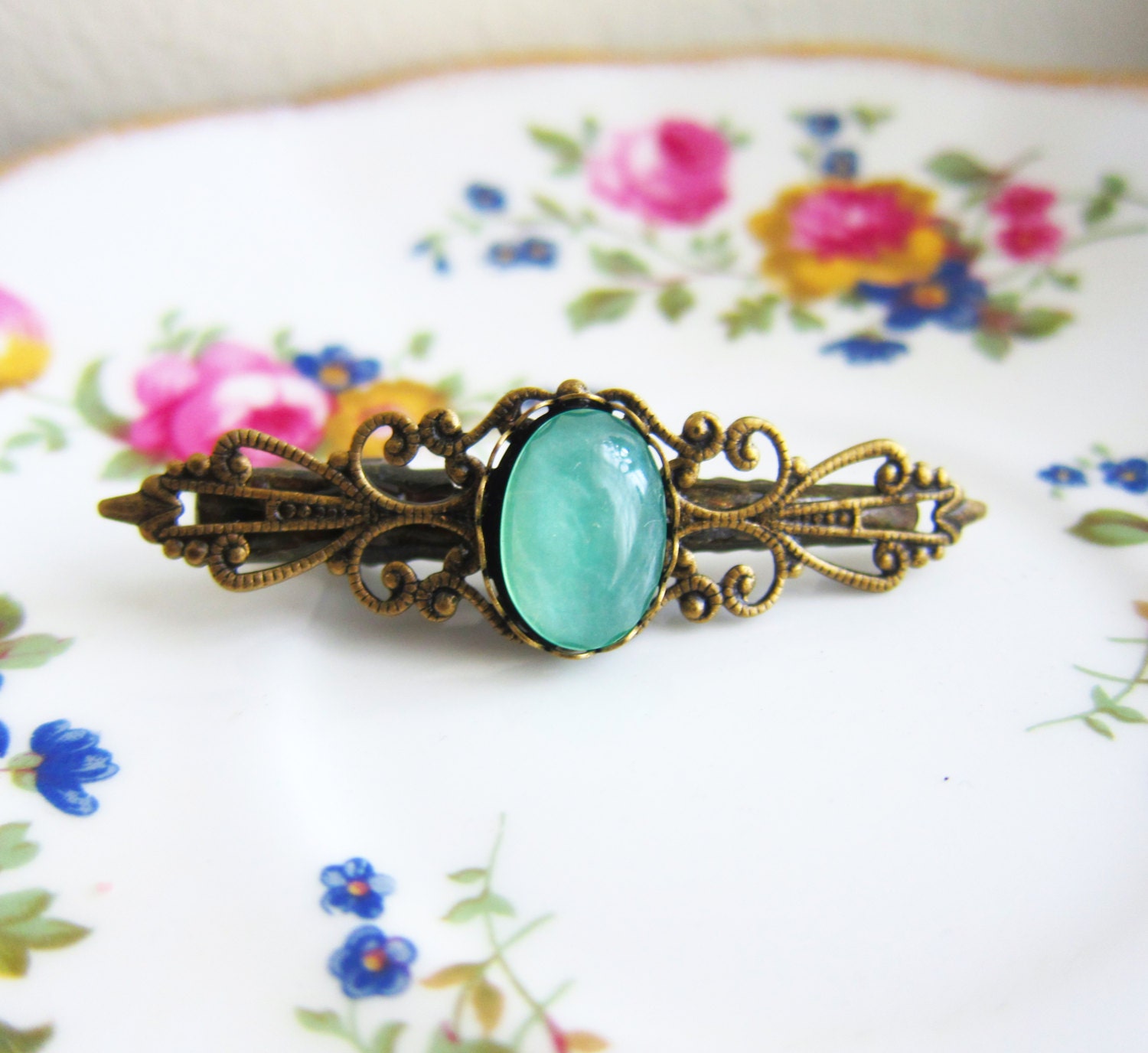 Hair Clip Pin Eclectic Bohemian Exotic Lord of the Rings Inspired Blue Mint Green Antique Brass Vintage Style