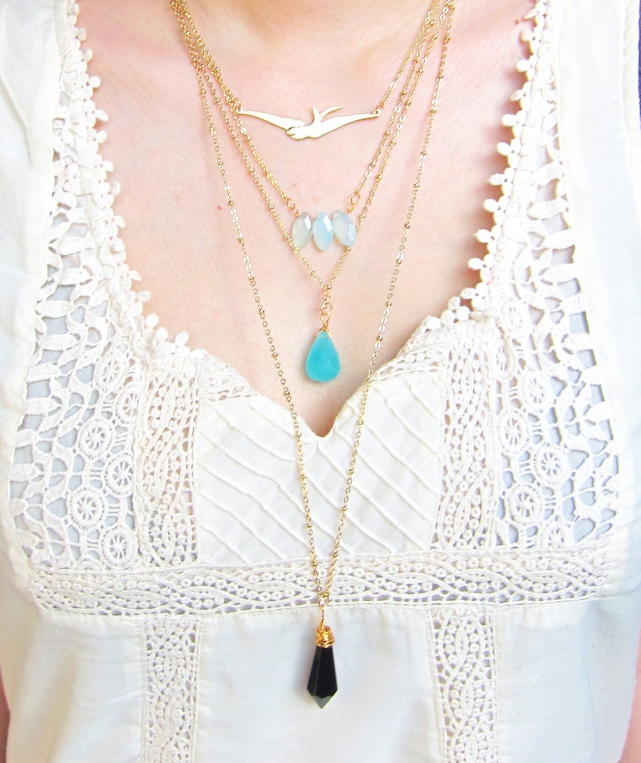 Layered Necklace Long Necklace Gold Bird Necklace Wire Wrapped Pendant Stacked Necklace Aquamarine Turquoise Gold Black