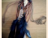Bison skull leather and feather necklace