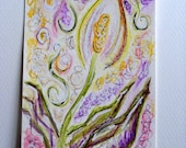Peace Lilly, Flowers, Original Drawing, psychedelic art, Handmade postcard, 6 x 4, mixed media art, original artwork