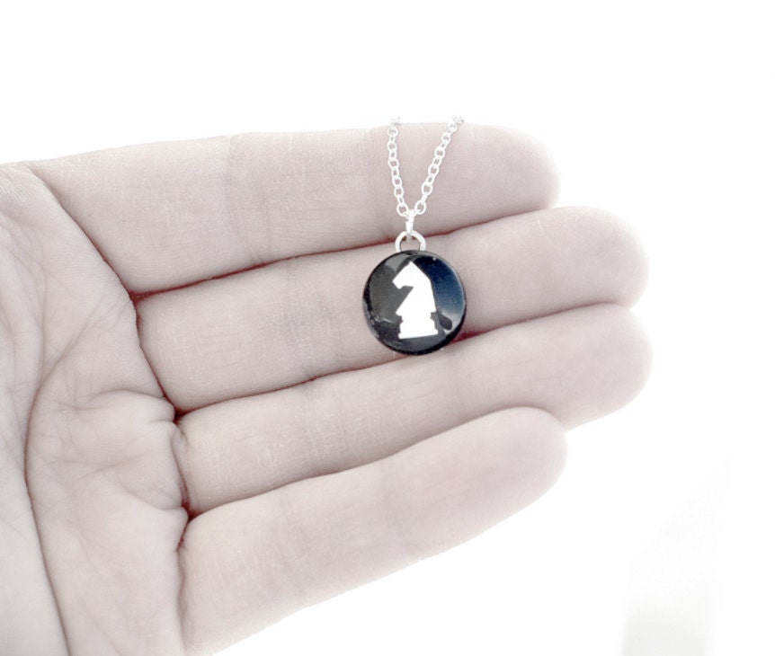 Chess Piece Necklace- Silhouette Glass Pendant Charms- .925 Sterling Silver Chain- Pawn, Queen, King, Bishop, Rook, Knight