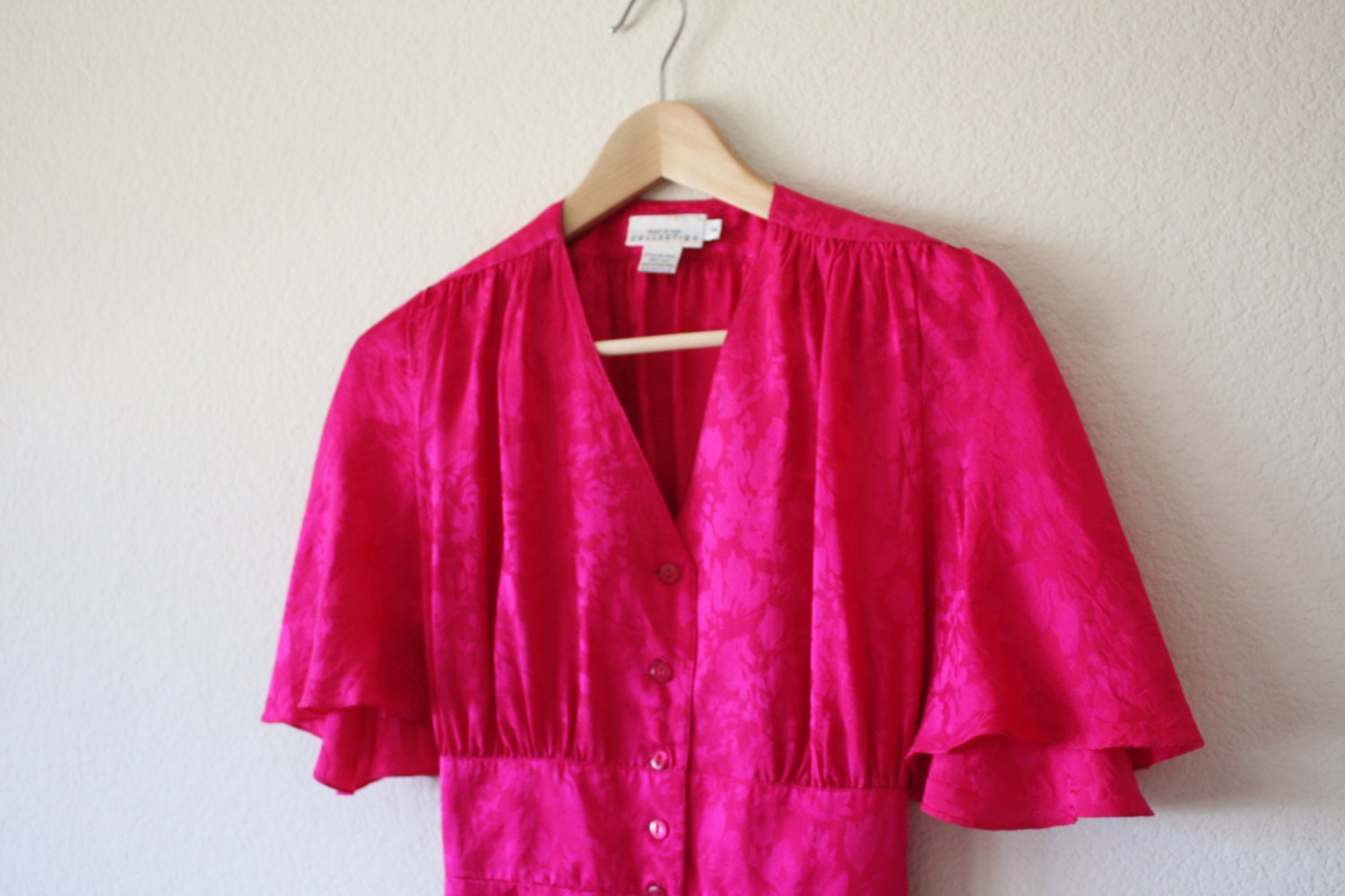 Vintage 1980s Fuchsia Pink Floral Silk Floating Sleeve Cinched Waist Cocktail Dress