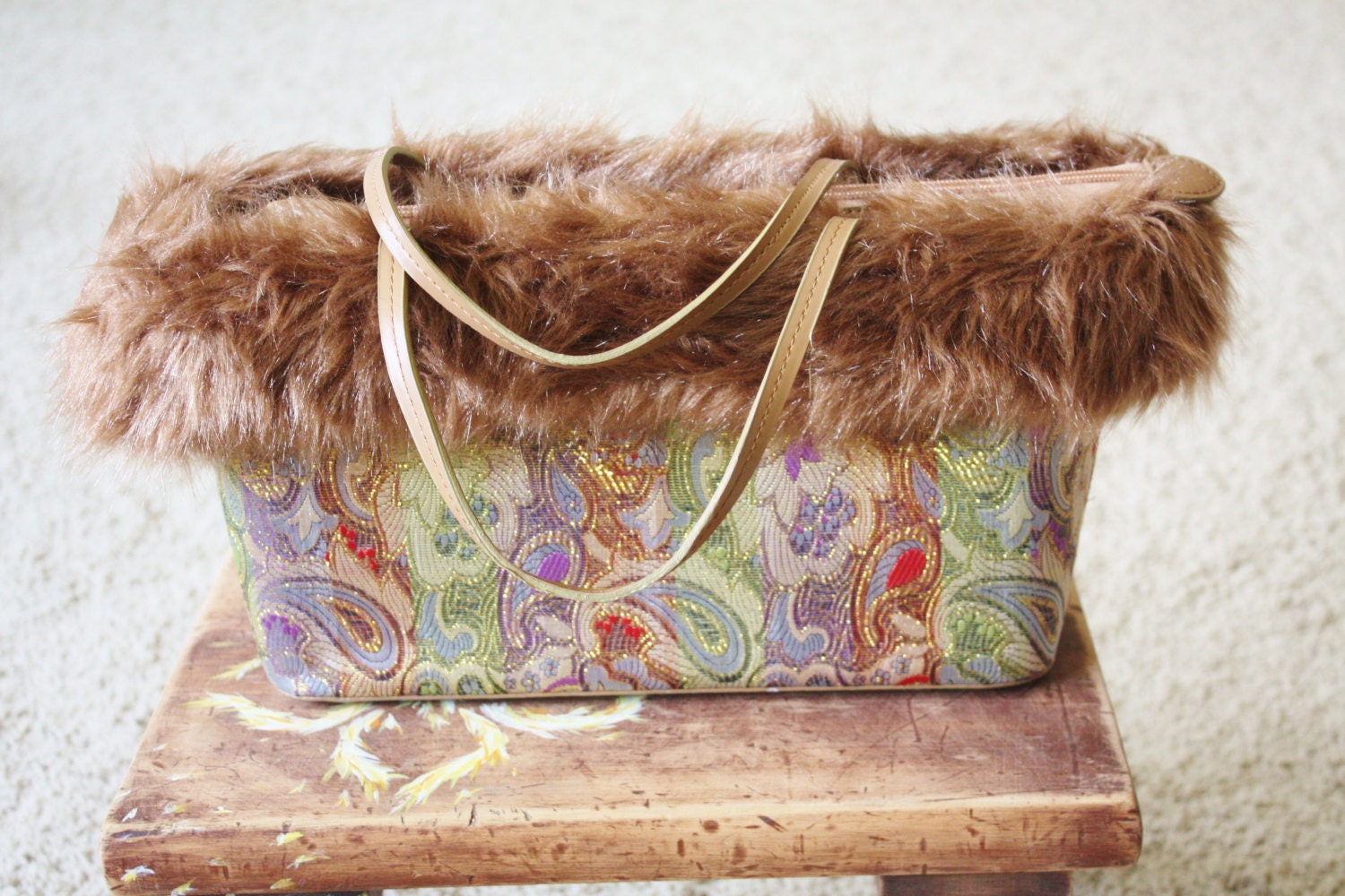 Vintage 1970's Caramel Faux Fur Tapestry Metallic Floral Purse Tote
