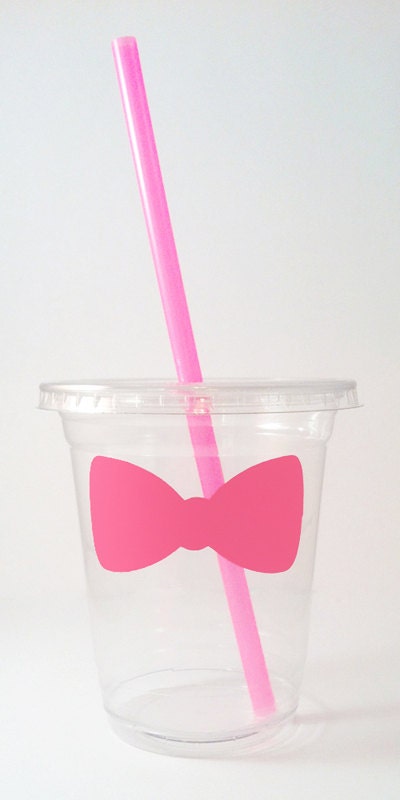24 Pink Bow Disposable Party Cups, Lids & Plastic Straws - Gender Reveal Party - Girls Birthday - 12 oz or 16 oz Il_170x135
