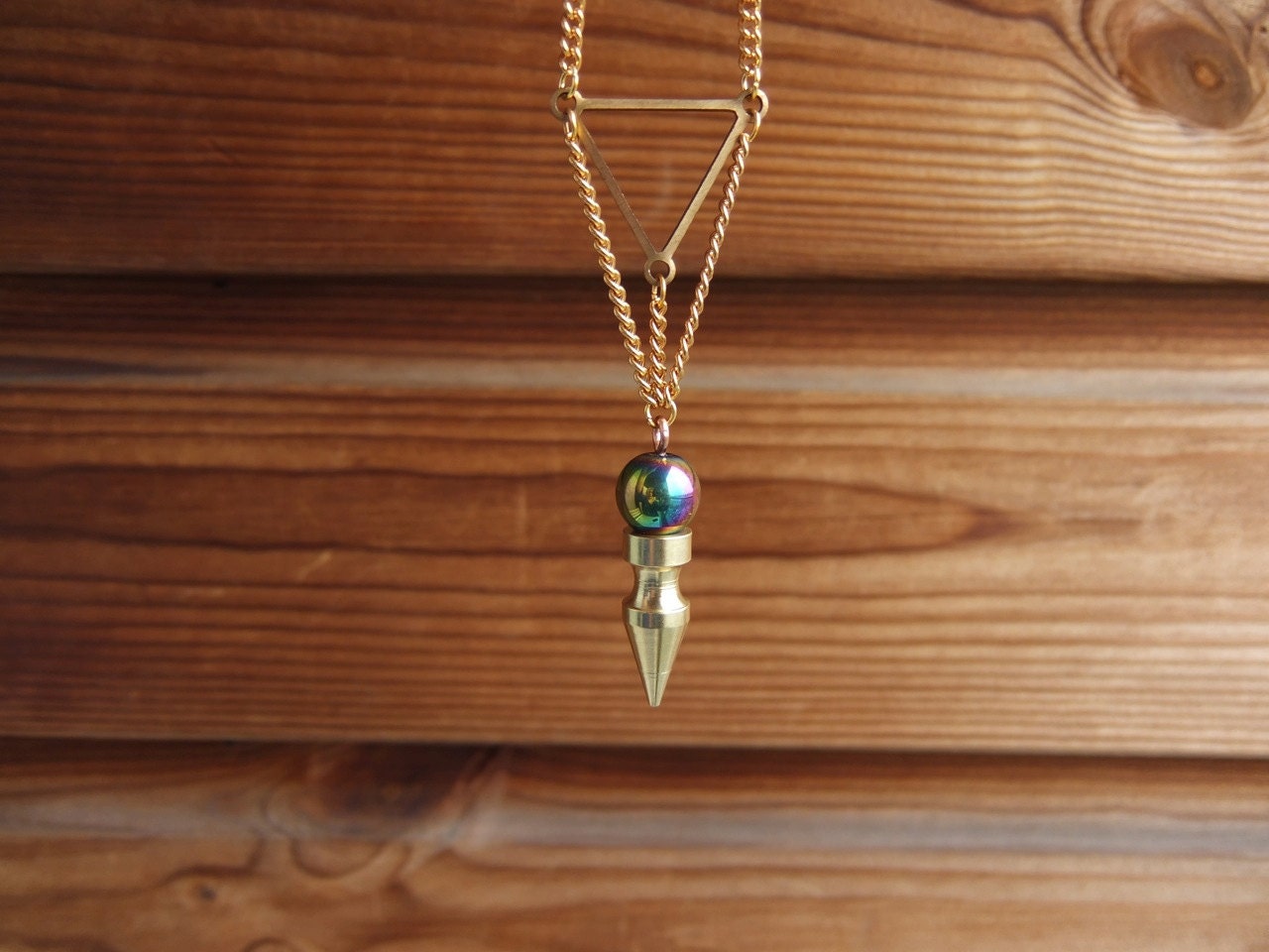Brass Triangle, Spike & Titanium Quartz Ball Necklace