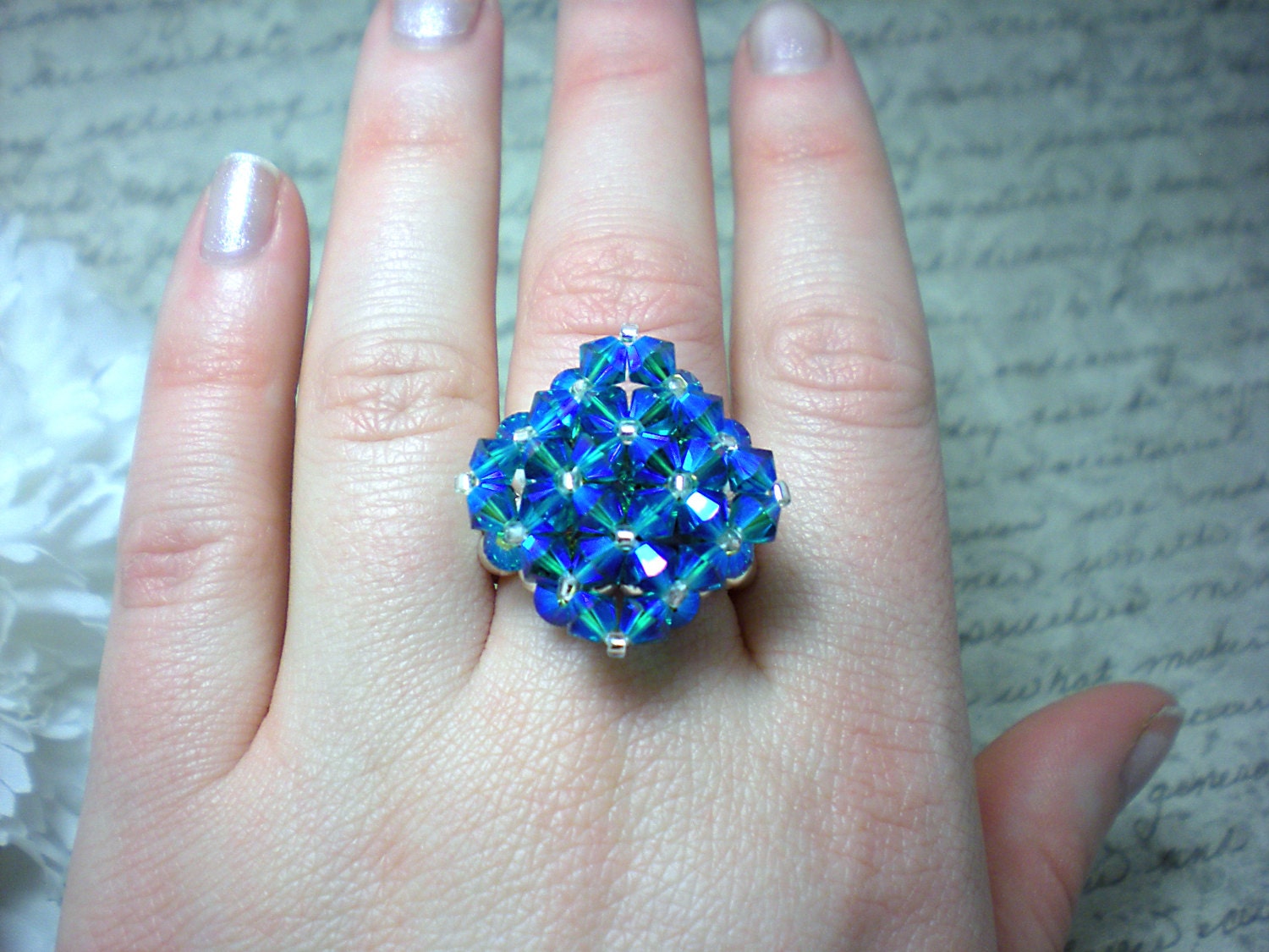 The Kaylee- Blue Zircon Ab2X Swarovski Crystal and Peacock Rivoli Cocktail Stretch Ring