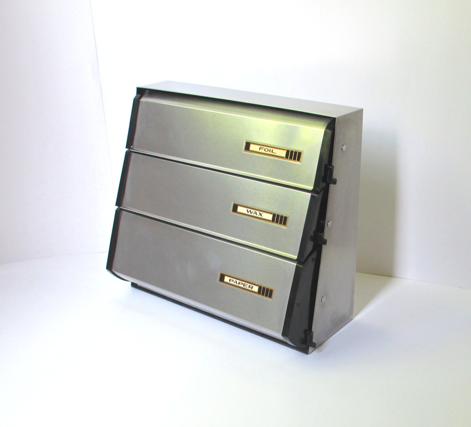 Mid Century Modern Kitchen Organizer, Kromex Wax Paper, Tin Foil and Paper Towel Dispenser Holder