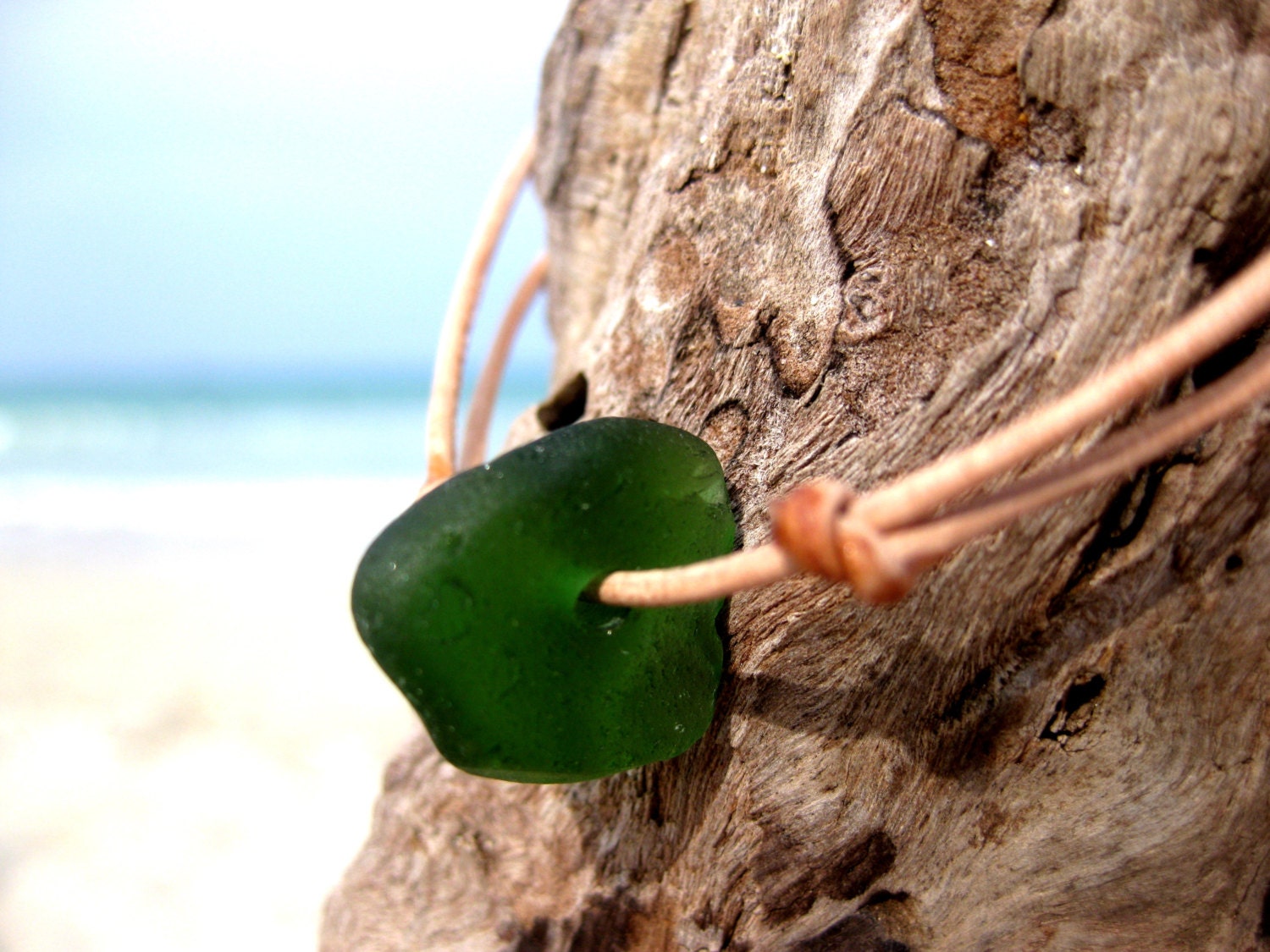 Hawaiian Bright Olive Green Beach Glass on India Leather Cord Completely Adjustable & Stackable Bracelet