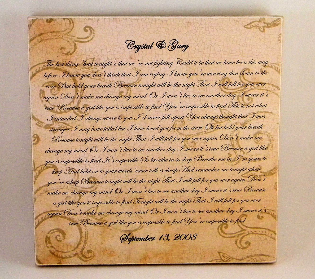 Wedding Vows Song Lyrics Square Plaque With Names and Date