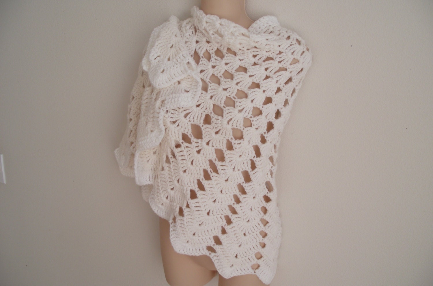 Vintage shawl cape white hand crochet  cozy serenity shawl