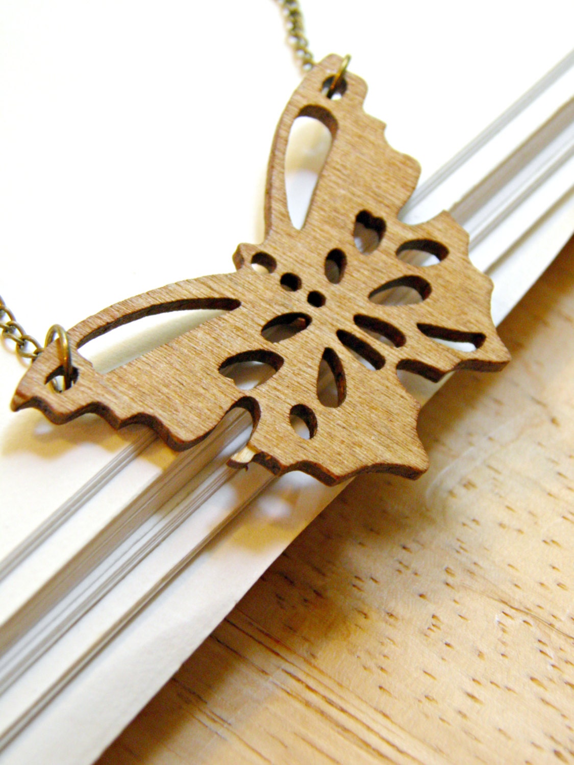 Laser Cut Wood Butterfly Necklace Antique Gold Brass Butterfly Everyday Simple Necklace