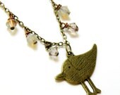 Brass Bird Necklace Mocha Pink Swarovski Crystal Necklace Antique Brass Dangle Necklace Bronze Sandpiper