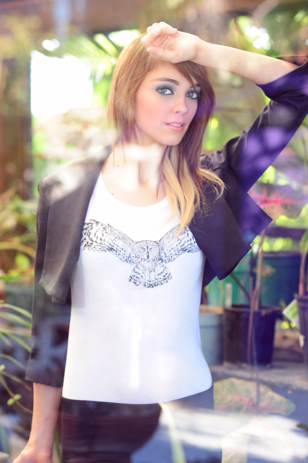 Owl Sketch 100% white cotton scoop neck tunic shirt