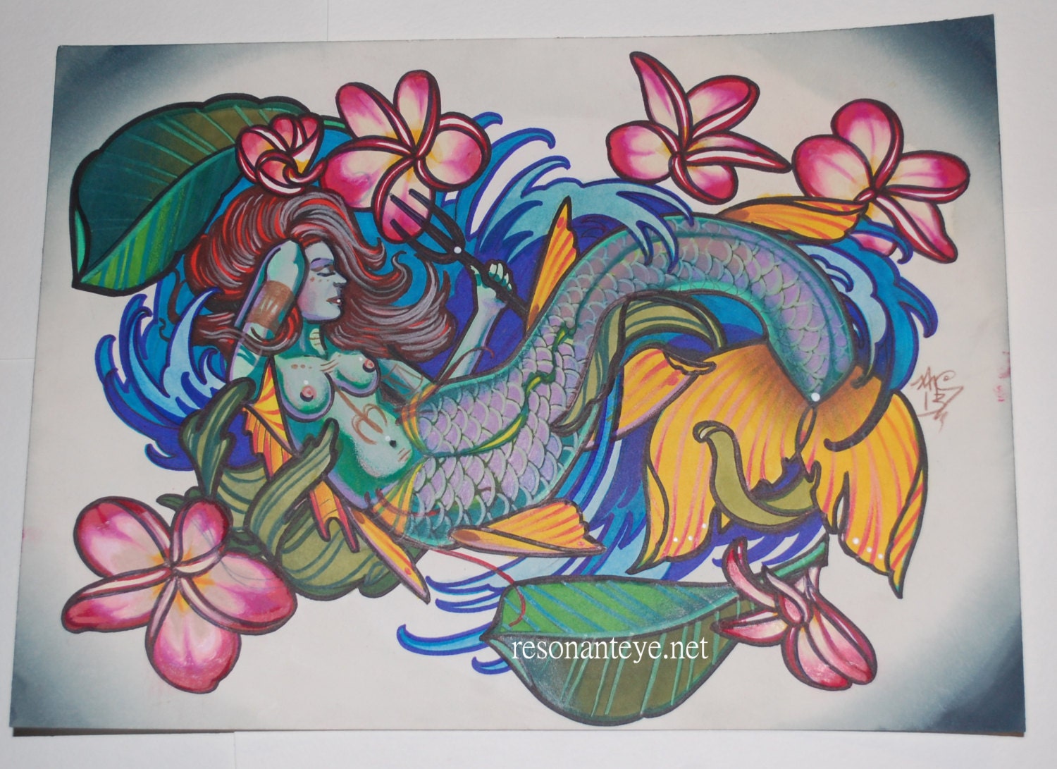 mermaid tattoo painting with plumeria and ocean waves, handpainted tattoo art