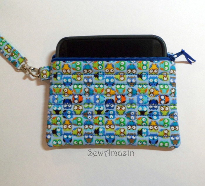 Blue Mini Owls Large Cell Phone Case Wristlet