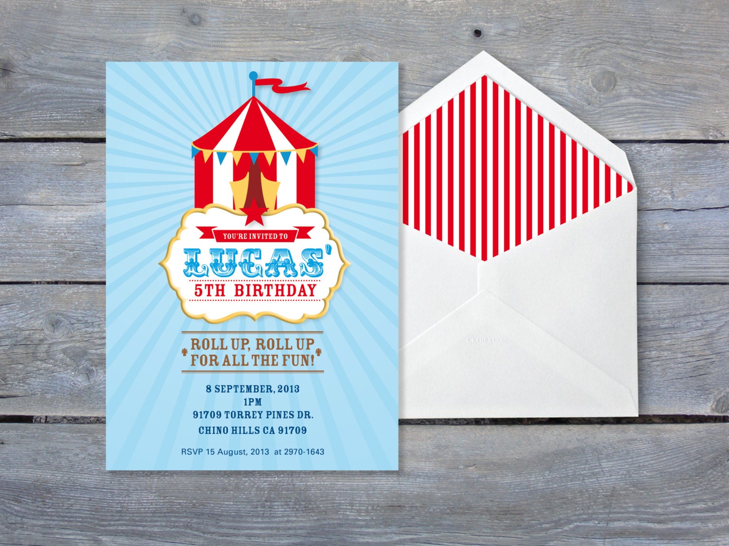 CIRCUS Birthday Invitation. Printable file 7x5. Print or email your own.
