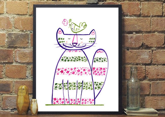 Childrens nursery wall art Cat & Bird A4 print