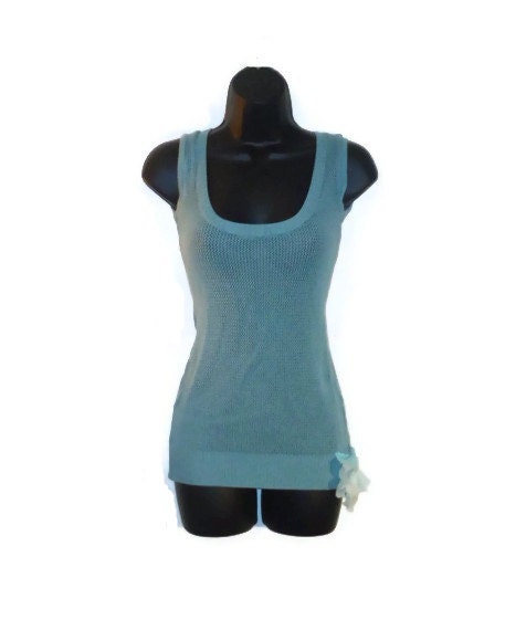 Long Blue Knit Holes Tunic Top See Through with Blue Bow Womens Clothing XS