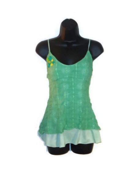 Hand Dyed Green Floral Print Layered Tank Top Green Teal Yellow Button Adornment Womens Clothing Medium