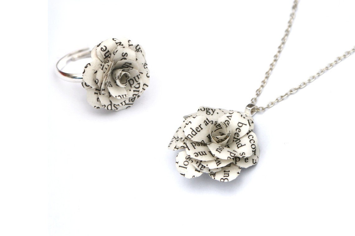 Book Page Flower Necklace Ring Gift Set - flowers made from book pages as both a ring and a necklace - matching set