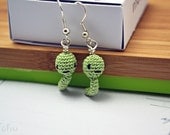 kawaii worm earrings - green miniature crocheted worm amigurumi