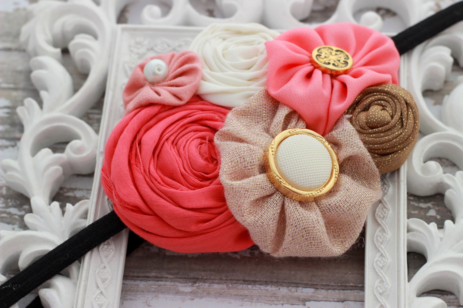Baby Headband, Coral Pink Headband, Newborn Flower Headband, Good Hart Headband, Spring Hair Clip, Newborn Photo Prop