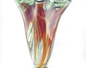 Hand Blown Art Glass Vase - Scarlet Red -Feather Pattern - Freeform - Fluted - Dark Red - Blood Red - Oxblood