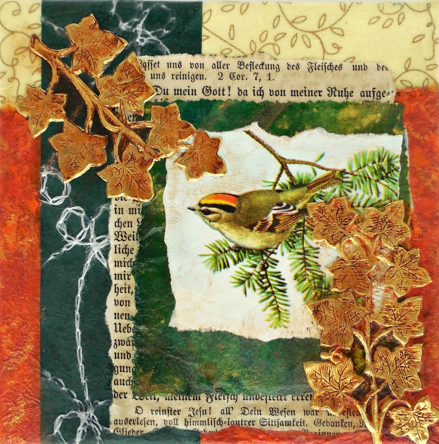 Original  Bird Collage,Mixed Media Collage ART home decor, small format 6 x 6, stretched canvas