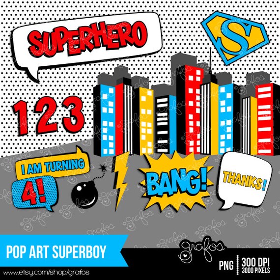 POP ART SUPERBOY Digital Clipart, Superhero Digital Clipart , Clipart Super Hero / Instant Download Il_570xn
