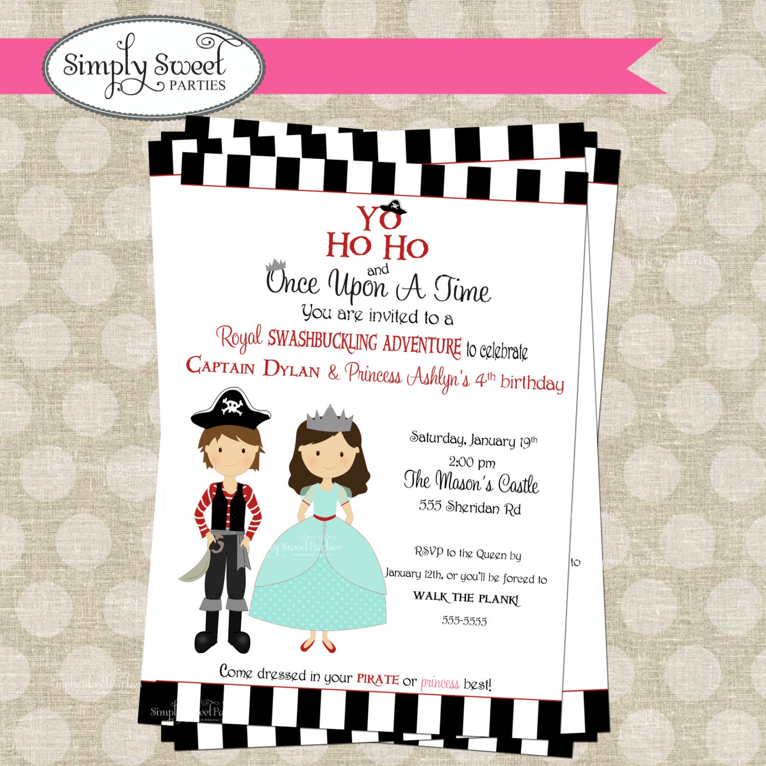 Princess and Pirate Birthday Party DIY printable PDF Invitation Il_570xn