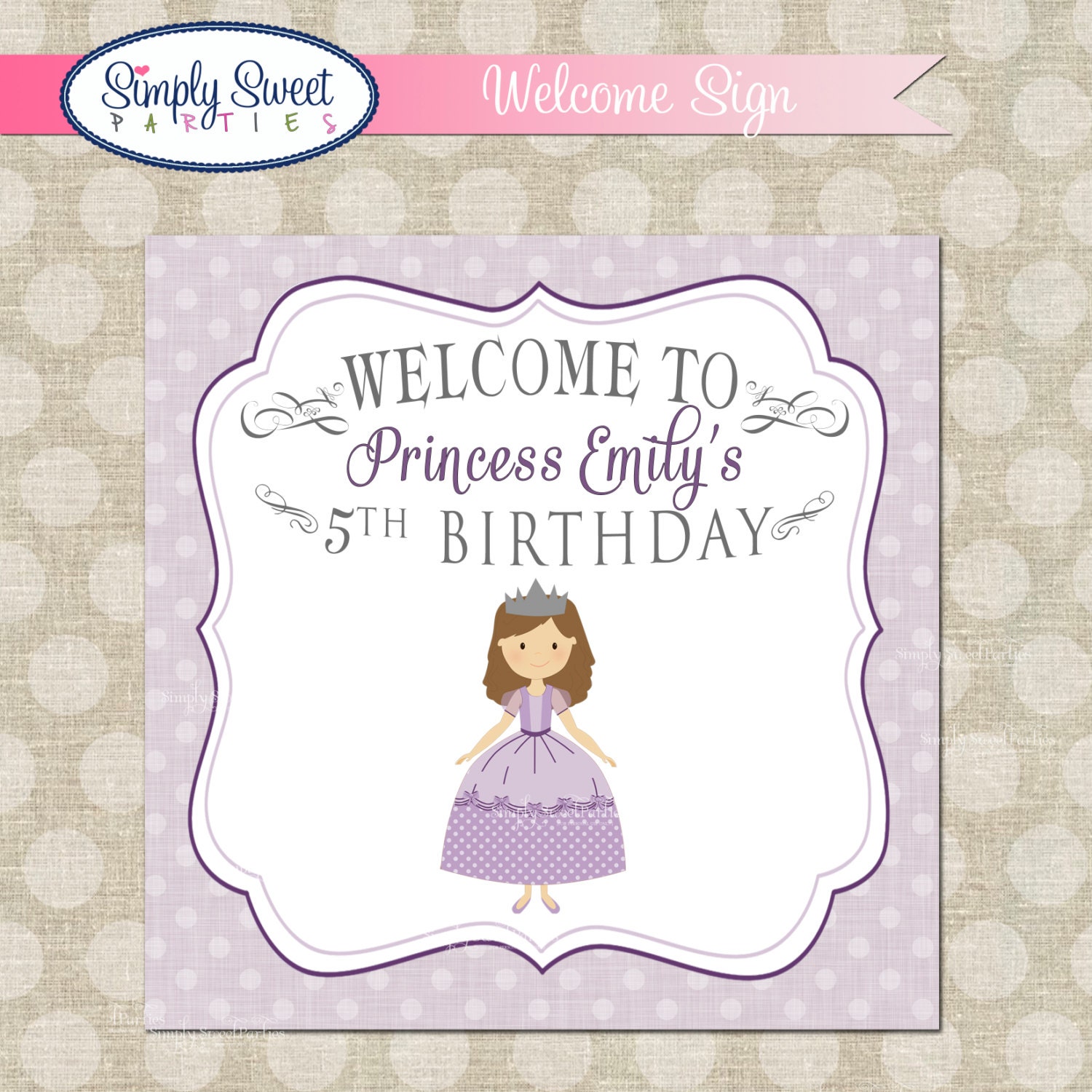 Purple Polka Dot Princess Birthday Party Printable PDF Welcome Door Sign Il_570xn
