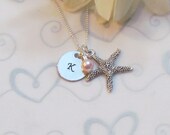 Personalized Initial - Starfish Charm - Swarovski Pearl - Hand Stamped Jewelry - Monogrammed Necklace