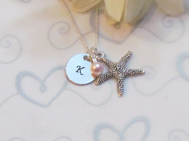 Personalized Initial - Starfish Charm - Swarovski Pearl - Hand Stamped Jewelry - Monogrammed Necklace