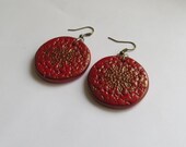 Red  and gold rustic  earings patina, polymer clay sterling silver plated earrings, big round flat