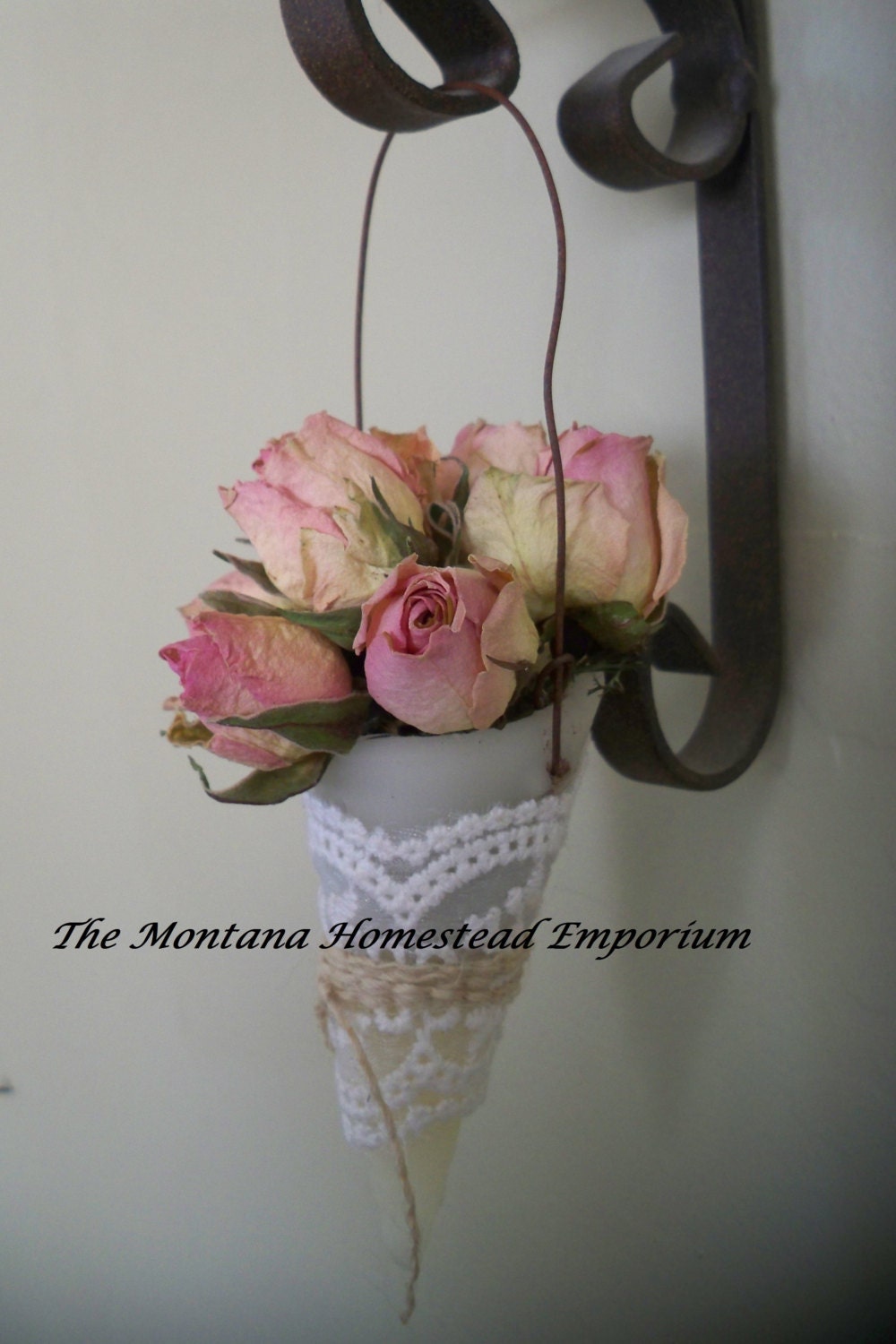 hanging beeswax cone with dried Chablis roses rustic wedding shower favors rusty wire woodland wedding made in Montana
