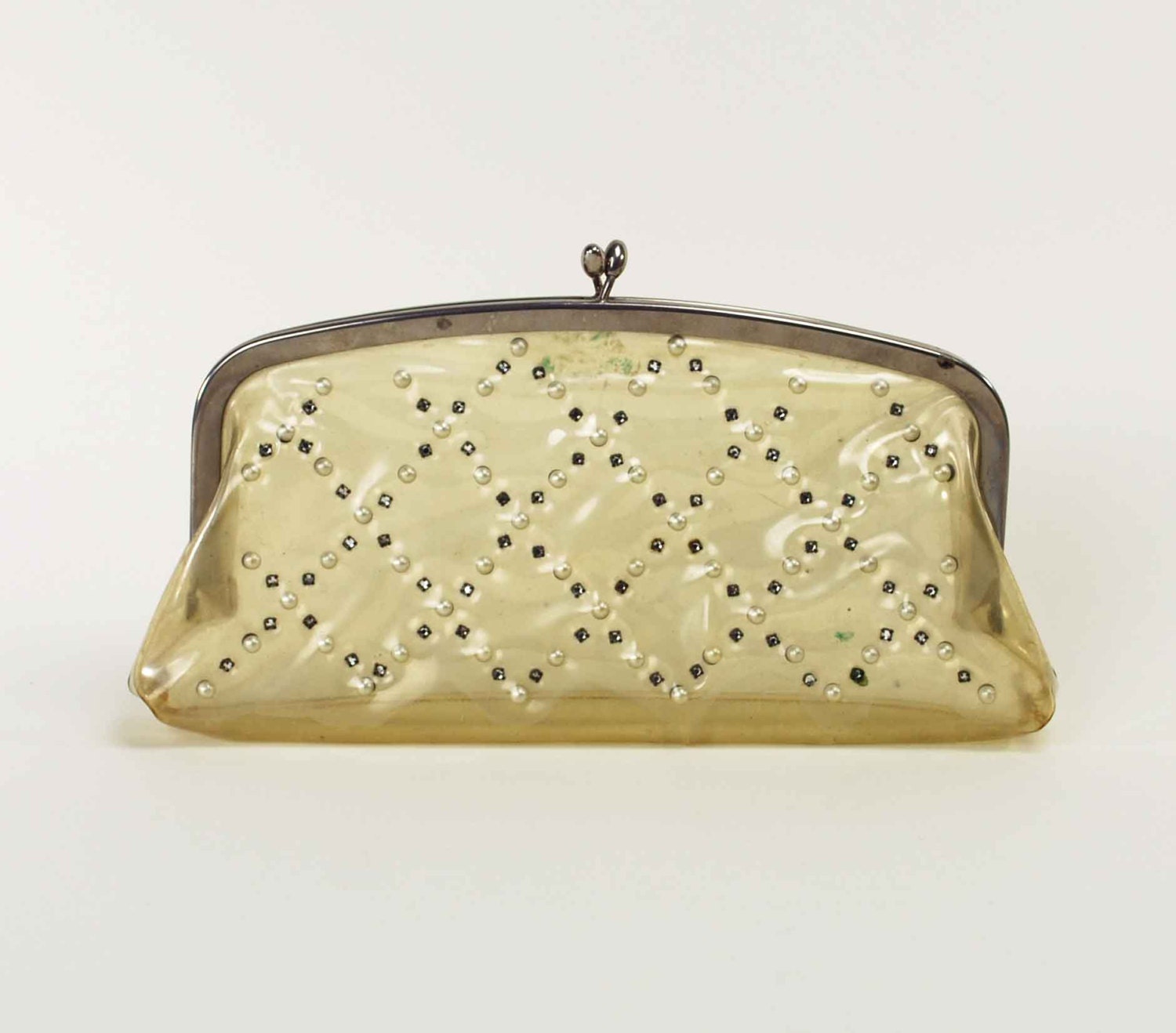 1950s Clear Plastic Clutch Purse // Vintage Rhinestone & Pearl Plastic Handbag