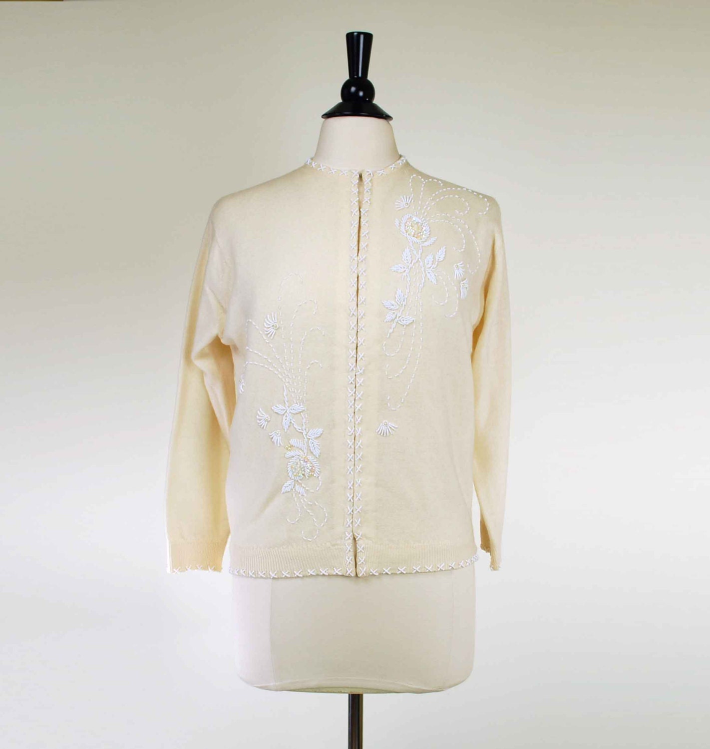 1950's Ivory Beaded Sweater // Vintage Floral Beaded White Wool Cardigan