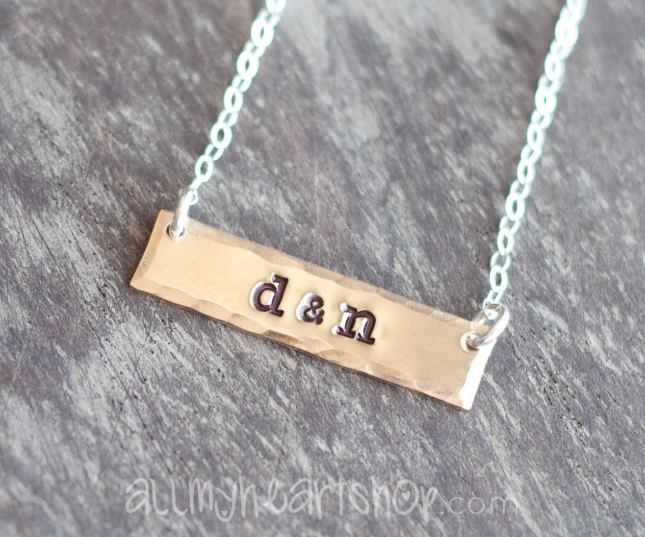 Personalized Bar Necklace - Horizontal Gold Bar with Heart Clasp