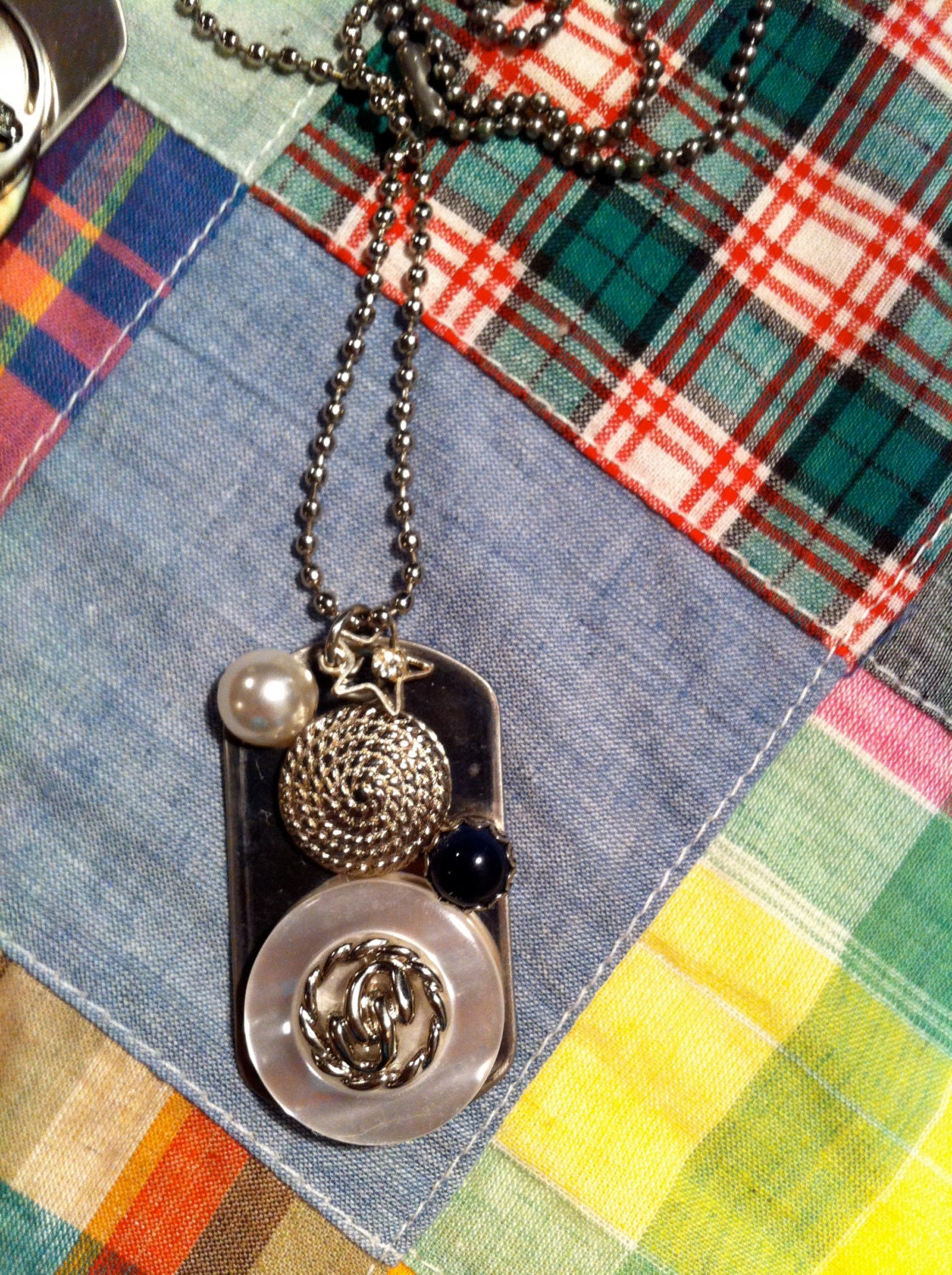 Embellished Silver Chain Button Rhinestone Dog Tag Necklace