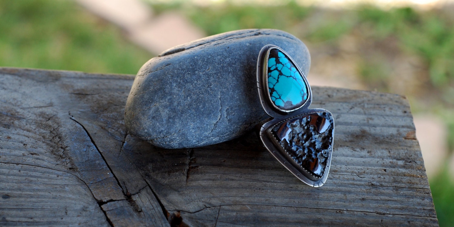 Turquoise Ring. Sterling Silver Double Stone Ring. Two Stone Ring in Silver. Turquoise and Botryoidal Hematite. Large Statement Piece.
