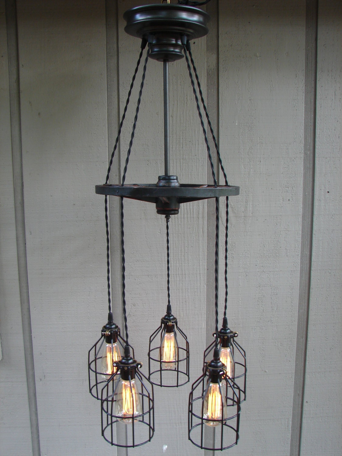 Upcycled Antique Buggy Wheel 5 Light Filament Bulb Chandelier
