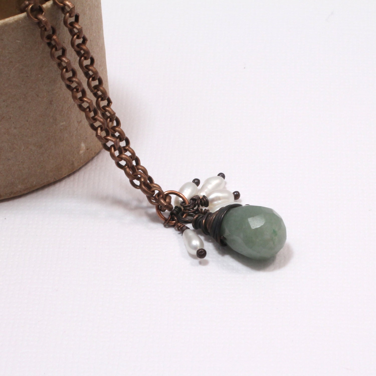 Green Jade Necklace, Wire Wrapped Antique Copper Pearl and Gemstone Pendant