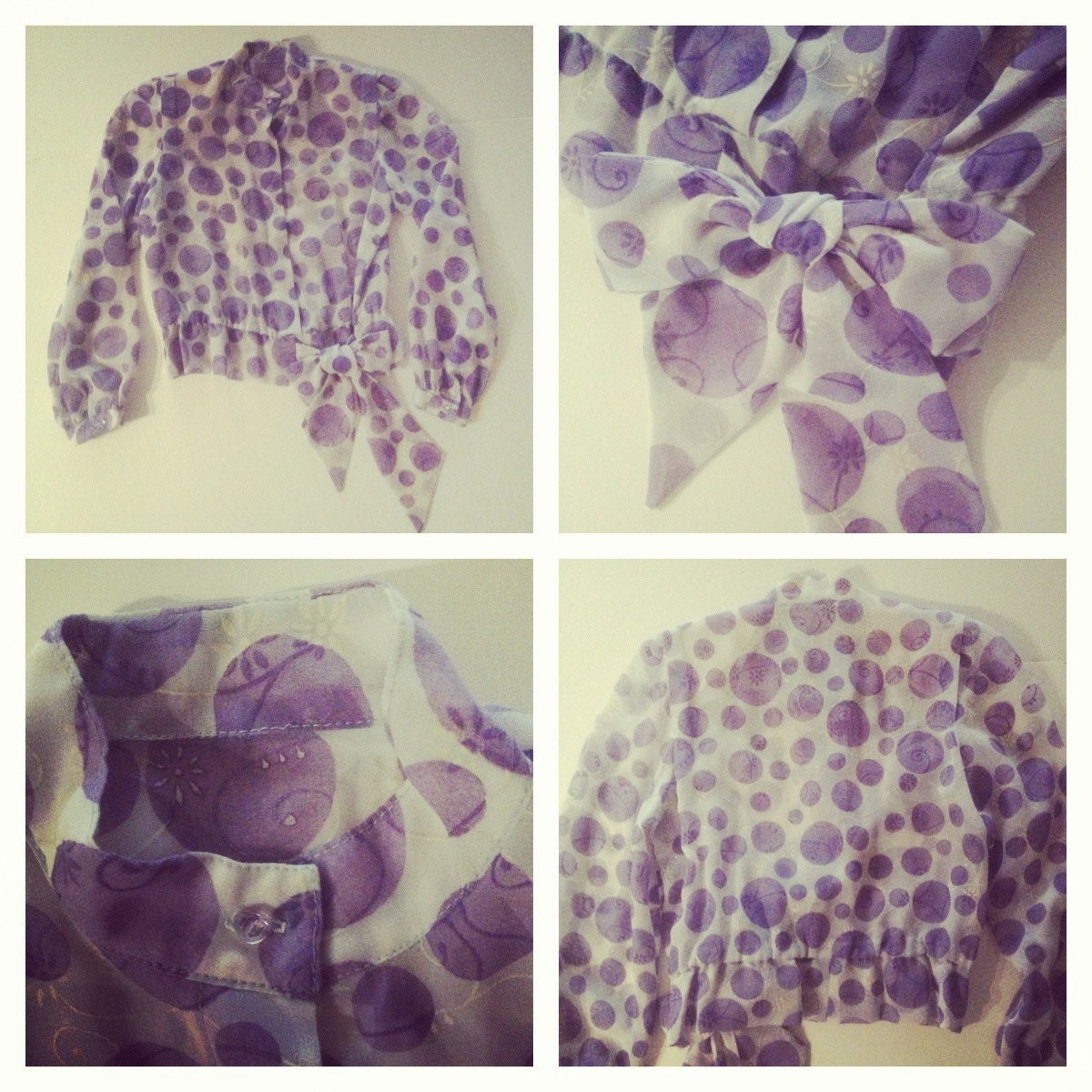 Lovely Lavender 70s Blouse with Polka Dots, Daisies and a Hip Bow in a Size Small