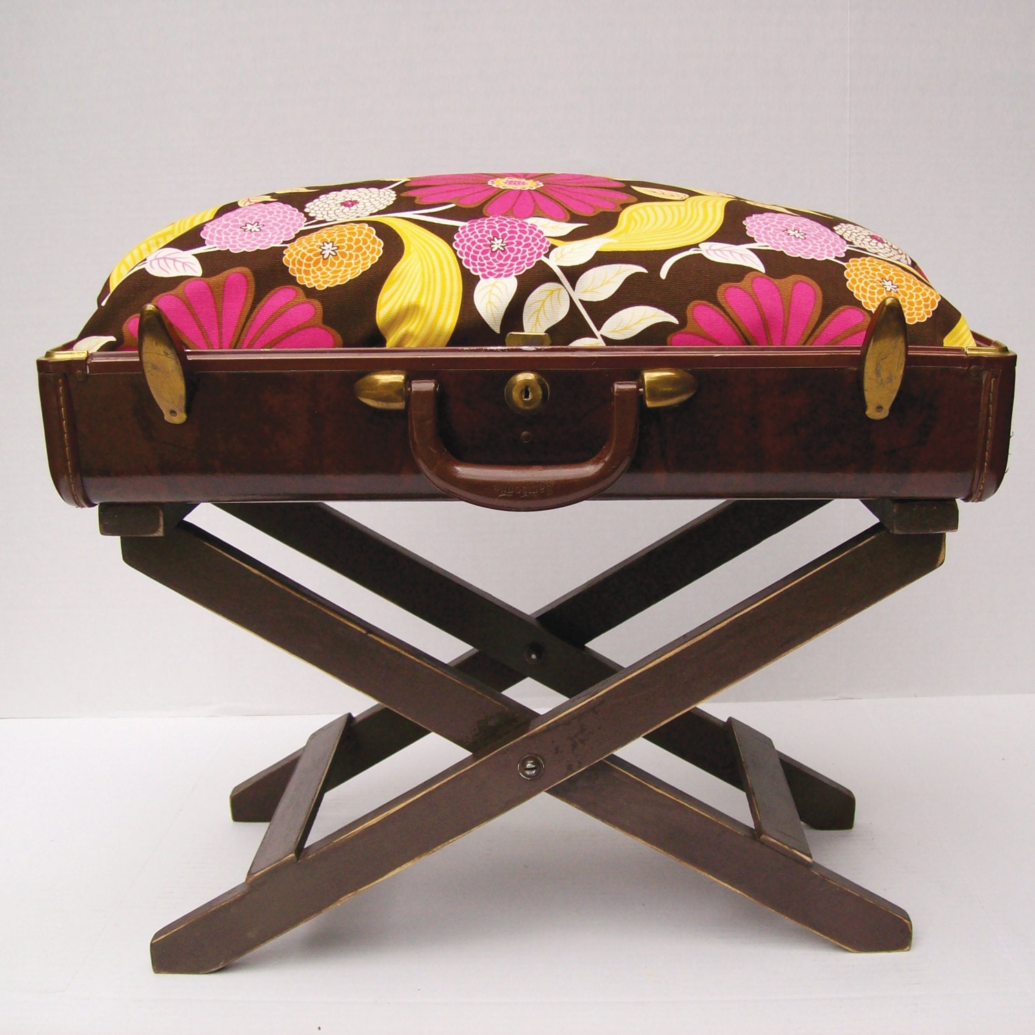 Pet Bed from Vintage 40s Suitcase -Hand-made Wooden Shabby Chic Luggage Stand Style Base - Brown with Floral Corduroy Pillow