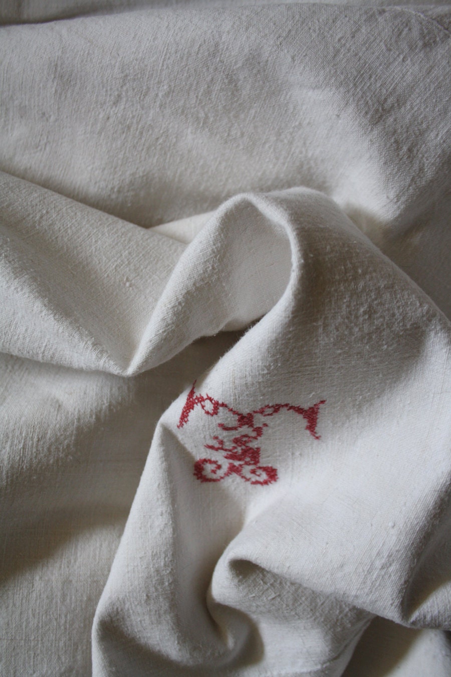 FREE SHIPPING // Antique French pure Linen sheet .Cross stitched initials "T".1800s linen.