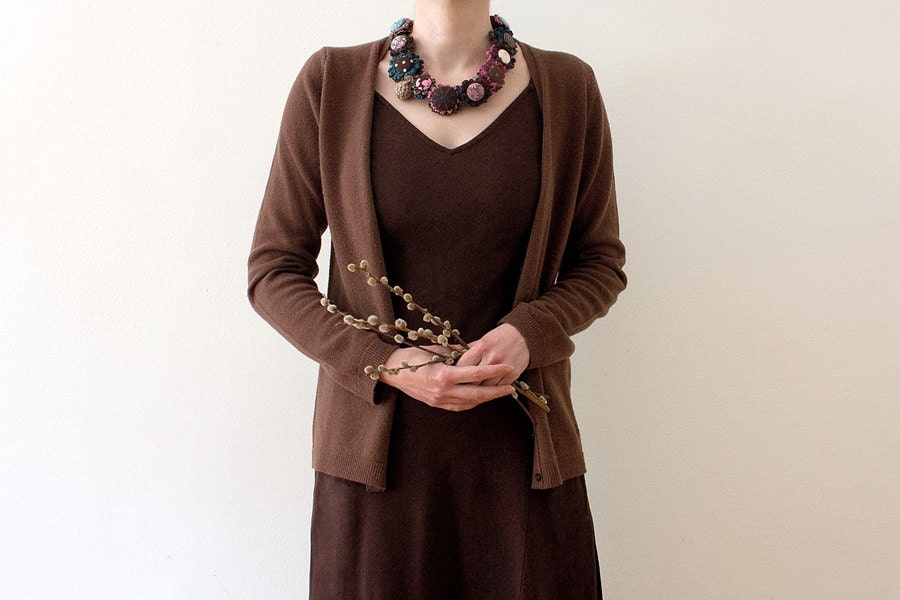 Statement fiber necklace, crochet, embroidered with fabric buttons and felted and plastic beads, OOAK