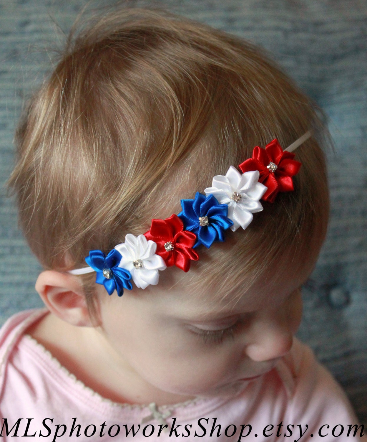 The All-American Headband - Red, White & Blue Star Flower Headband - Baby Girl 4th of July, Memorial Day Hair Bow - American Flag Headband