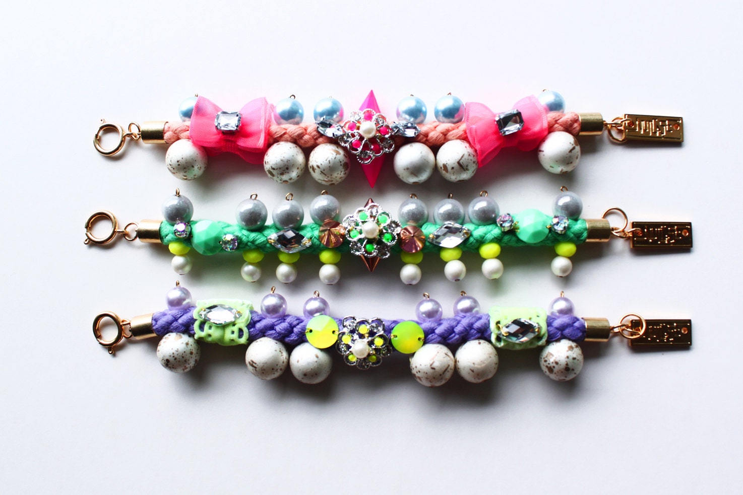 Cloudnine, arm candy bracelet, statement pastel bubblegum, pearls with neon, hologram beads, spikes, SS13, festival, quirky, OOAK