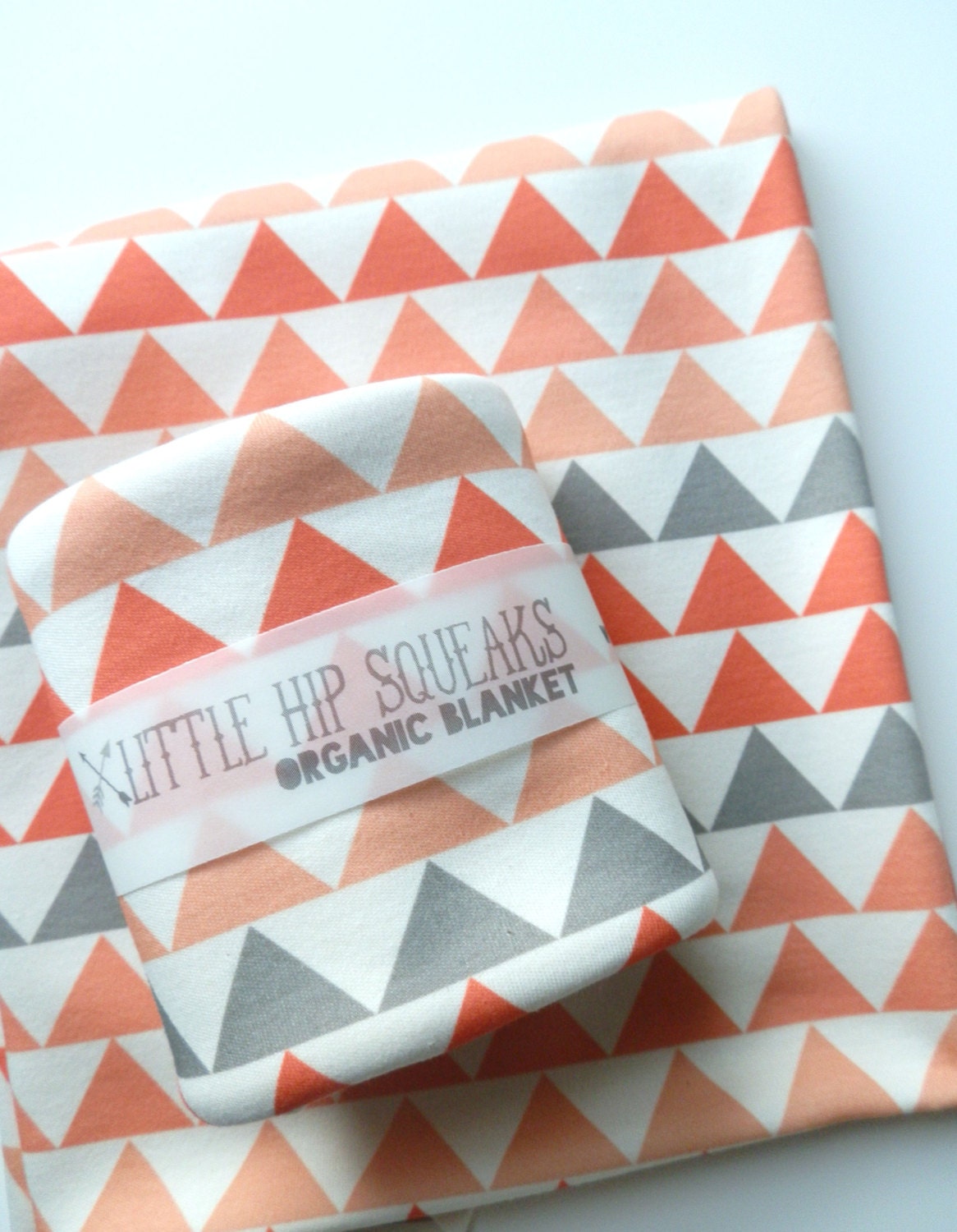Baby Blanket, Geometric Triangles, Coral, Peach and Gray, Modern Organic Baby Girl Bedding, Ready to Ship