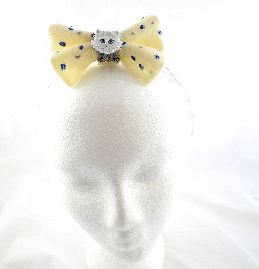 Handcrafted Felt Bow on Headband - Cat's Meow - Removable - Convertible - White, Cream and Blue